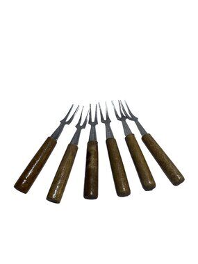 Set Of 6 Stainless Steel Hors Doeuvres Forks With Wood Handle Durable Design